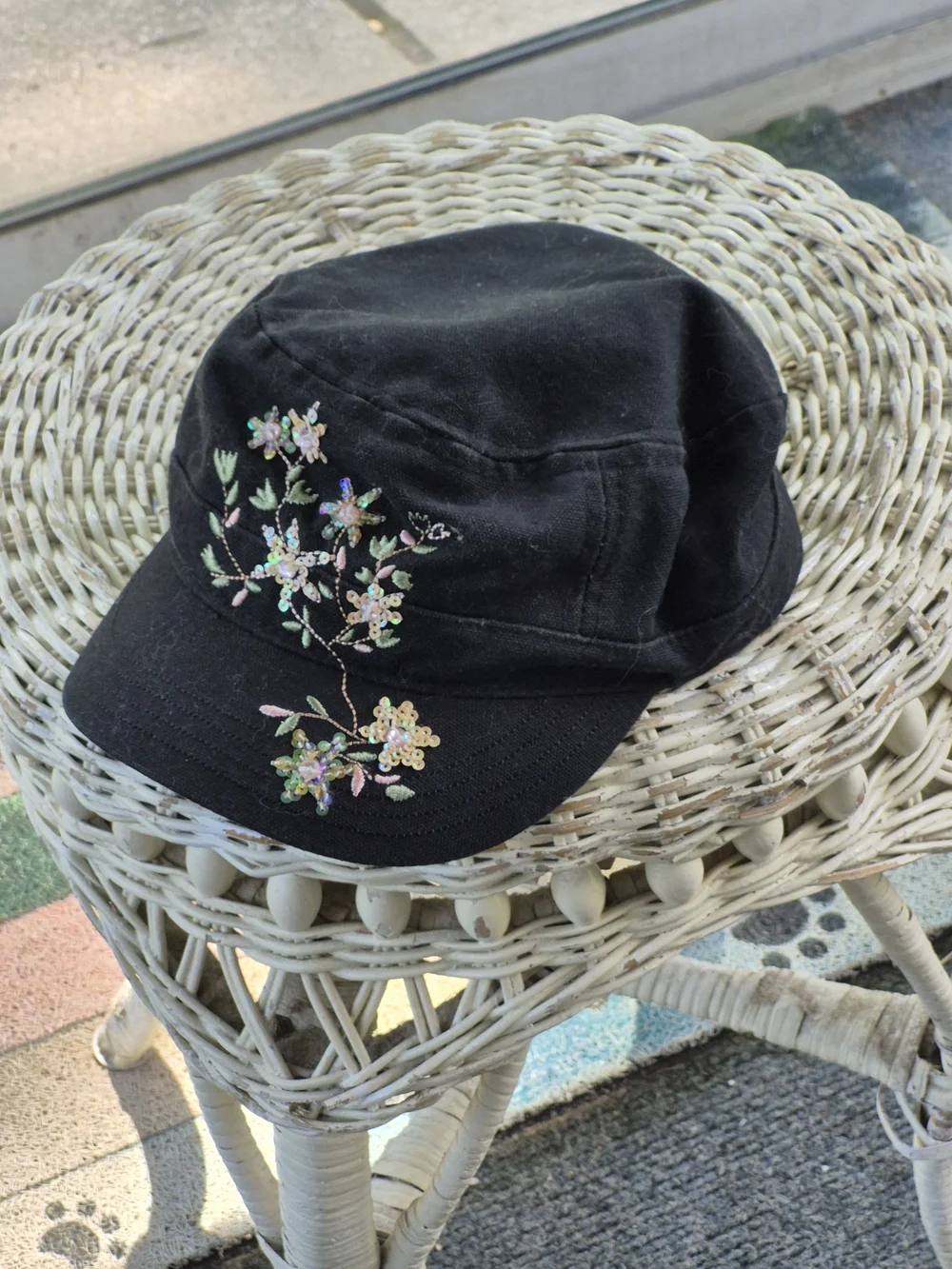 Black Floral Embroidered Cadet Cap - Women's Accessory